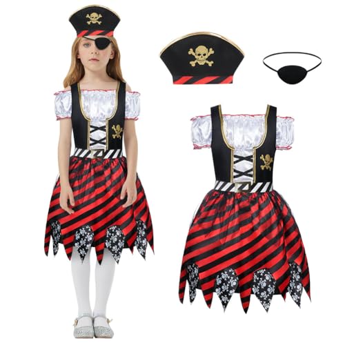 Aoimg Kinder Piraten Kostüm, 3 Pcs Piraten Kostüm mit Zubehör Piratenhut Pirat Augenklappe, Piraten Outfit Mädchen Dress Up Set für Halloween Karneval Geburtstag Cosplay, L von Aomig