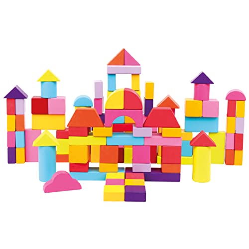 Bino world of toys 84203 Mertens Klötzchen-Trommel mit 100 Stück, Kinderspielzeug ab 1 Jahr (farbenfrohe & formenreiche Bauklötze, inklusive 100 Stück, Größe: XL, Formbeispiele zur Anregung im Deckel), Mehrfarbig von Bino world of toys