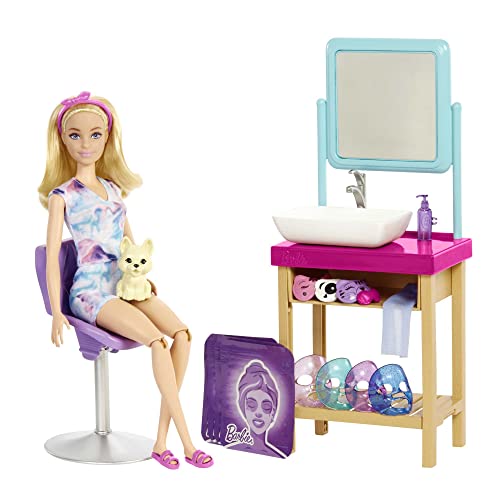 Barbie Self-Care Series, Sparkle Mask Spa Day, Puppe mit blonden Haaren, Welpe, 7 Spa-Masken, 15+ Teile, Accessoires, Geschenke für Kinder ab 3 Jahren,HCM82 von Barbie