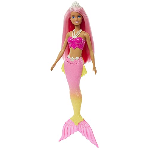 Barbie Dreamtopia Rainbow Magic Mermaid, Meerjungfrau mit rosa Haaren, Krone, gelber und rosa Meerjungfrauen-Schwanzflosse, inkl Puppe, Geschenk für Kinder, Spielzeug ab 3 Jahre,HGR11 von Barbie