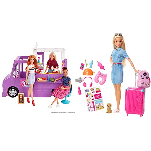 Barbie GMW07 Food Truck Fahrzeug Spielset mit 30+ Zubehörteile, Mädchen Spielzeug ab 3 Jahren & FWV25 Travel Puppe (blond) und Zubehör von Barbie