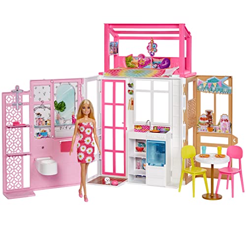 Barbie HCD48 - Puppenhaus-Spielset mit Puppe & Haus mit 2 Ebenen & 4 Spielbereichen, komplett eingerichtet, mit Haustier und Zubehör, Spielzeug Geschenk für Kinder ab 3 Jahren von Barbie