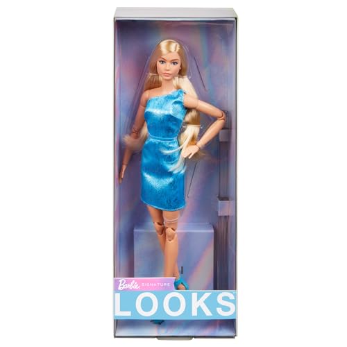 Barbie Looks Puppe, Sammelfigur Nr. 23 mit aschblonden Haaren und moderner Y2K-Mode, metallisch-blaues One-Shoulder-Kleid mit Riemchensandalen, HRM15 von Barbie