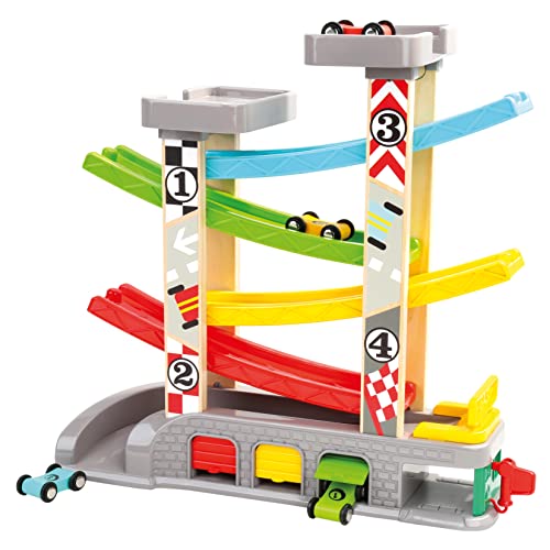 Bino world of toys Rennbahn mit Garagen Autobahn Spielzeug für Kinder ab 3 Jahre (7-Teilig, mit 4 Garagen und Zapfsäulen, besonders robust, Maße: 9 x 33 x 34 cm, inkl.: 4 Holzautos), Bunt von Bino world of toys