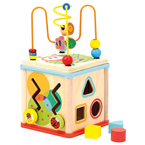 Bino Motorikwürfel mit Uhr, Spielzeug für Kinder ab 1 Jahr (Holzspielzeug mit 5 verschiedenen Spielmöglichkeiten, fördert die motorischen Fähigkeiten, kindgerechtes Design), Mehrfarbig von Bino world of toys