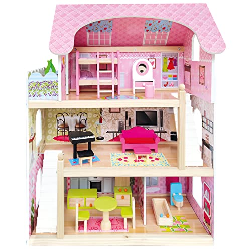 Bino world of toys Puppenhaus mit Balkon, Spielzeug für Kleinkinder ab 3 Jahren, mit 3 Etagen, Treppen, 4 Zimmern und Balkon inkl. 15-TLG. Zubehör, zur Förderung kindlicher Fähigkeiten, Rosa-Design von Bino world of toys
