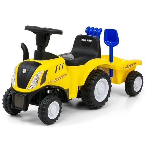 COIL Traktor New Holland Rutschauto mit Anhänger - Lizenzierter Traktor Buggy mit Rechen und Schaufel - Hochwertiges Kunststoff-Spielzeug - Traktor Mit Anhänger - Playmobil, Traktor Draufsitzen (Gelb) von COIL