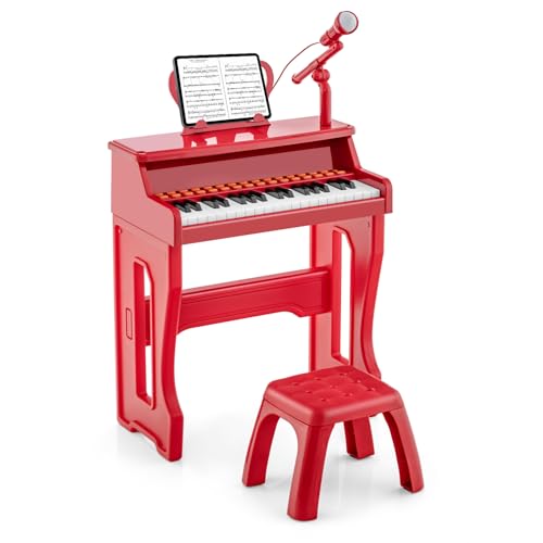 COSTWAY 37-Tasten Kinder Keyboard, elektronisches Kinderklavier mit Hocker, verstellbarem Mikrofon & Notenständer, Kinderpiano Klaviertastatur für Kinder ab 3 Jahren (Rot) von COSTWAY