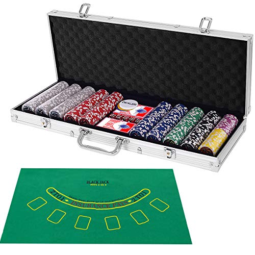 COSTWAY 500 Laser-Chips Pokerset, Poker Komplett Set mit Chips, 2 Spielkarten, 5 Würfel, 3 Händler-Chips und Tischtuch, Kasino Pokerkoffer Aluminium mit 2 Schlüsseln (Silber) von COSTWAY