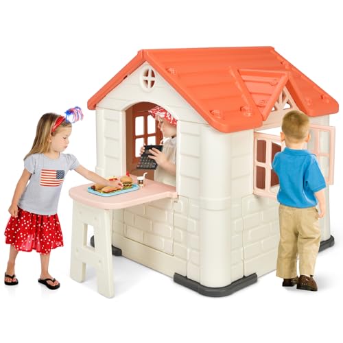 COSTWAY Kinder Spielhaus für bis zu 6 mit Pickniktisch, Türen und Fenstern, Kinderhäuschen Outdoor inkl. Spielzeugset und Regenschutzhülle, ideal für Jungen und Mädchen, 164 x 124 x 132 cm (Rosa) von COSTWAY