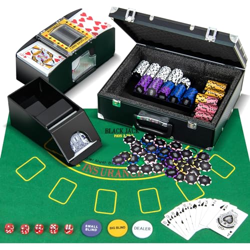 COSTWAY Pokerset 300 Chips, Pokerkoffer mit 2 Kartendeck, 5 Würfel, Dealer Button, Matte, Kartenmischer & Kartengeber, Aluminium Kasino Poker Komplett Set abschließbar, Profi Texas Hold'em (300 pcs) von COSTWAY