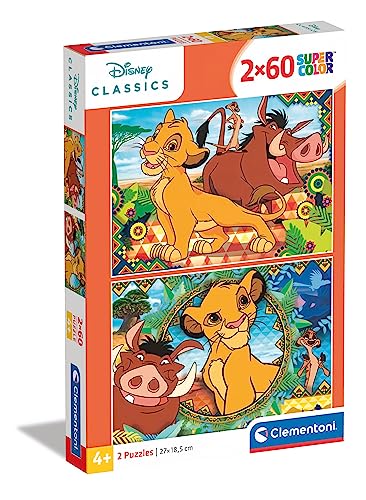 Clementoni 21604 Supercolor Der König der Löwen – Puzzle 2 x 60 Teile ab 5 Jahren, buntes Kinderpuzzle mit besonderer Leuchtkraft & Farbintensität, Geschicklichkeitsspiel für Kinder von Clementoni