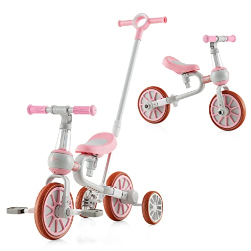 DREAMADE Dreirad ab 2 Jahre, 4-in-1 Laufrad mit Verstellbarer Schubstange & abnehmbarem Pedal, Kinderdreirad Balance Bike bis 30kg (Pink) von DREAMADE