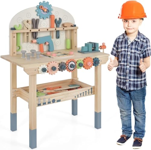 DREAMADE Werkbank Kinder, Werkzeugbank für Kinder aus Holz mit 63 Zubehör, Werkzeug Spielzeug Set mit Strauraum & Uhr & Werkzeughalter, Werkbank für Kinder ab 3 Jahren von DREAMADE
