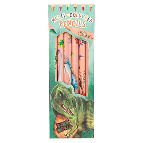 Depesche 12100 Dino World-Multicolor Buntstifte Set in Holz-Optik und Dinomotiven, 6 Dicke Stifte in Dreikantform und zweifarbigen Minen, Mehrfarbig von Depesche