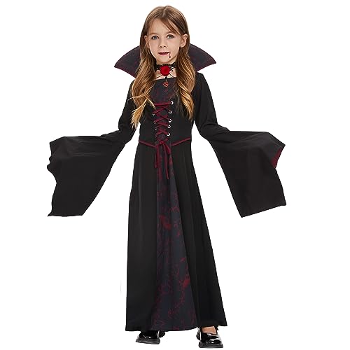 FORMIZON Vampir Kostüm Mädchen, Gothic Vampirkostüm mit Rosen Rubin Halskette, Schwarz Rot Vampir Halloween Kleid für Kinder Mädchen, Vampir Prinzessin Kostüm für Halloween, Fasching, Karneval (110) von FORMIZON