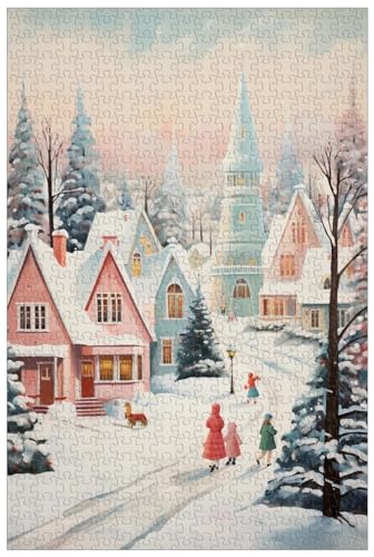 1000-teilige Holzpuzzles für Erwachsene, Bunte Weihnachtsdorf-Schneeszene, auf Schlitten spielende Kinder, Neujahrs-Weihnachtspuzzles (D ; 500) von Generic