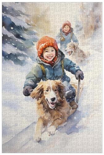 1000-teilige Holzpuzzles für Erwachsene, fröhliche Kinder und Hunde, die gemeinsam im Schnee Schlitten Fahren, Winterlandschaft im Aquarellstil (A ; 1000) von Generic