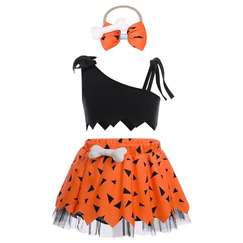 Kleine Mädchen Cosplay Höhlenmensch Kostüm Mädchen Halloween Karneval Hundeknochen Historisches Kleid mit Stirnband 3PCS Baby Mädchen Mesh Tüll Kleid Outfits (Orange, 3-4 Years) von Generic