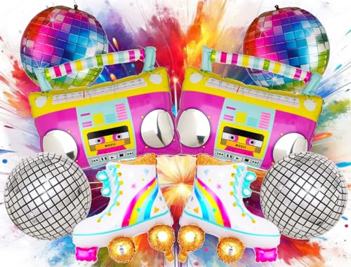 90er Jahre Party-Deko Set mit Folienballon in Form eines Kassettenrekorders, bunten Luftballons und Neon-Deko, Rollschuhe, Disokugel Deko Geburtstag retro neu 80er 90s Party feier von Generisch