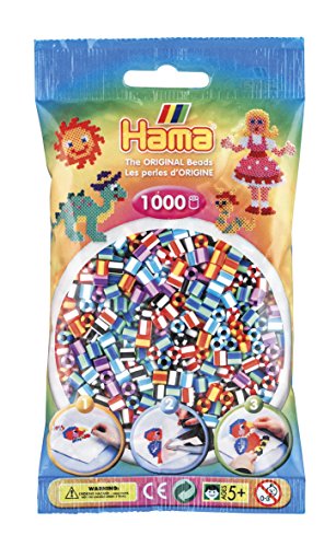 Hama Perlen 207-90 Bügelperlen Beutel mit ca. 1.000 Midi Bastelperlen mit Durchmesser 5 mm im Mix gestreift, kreativer Bastelspaß für Groß und Klein von Hama Perlen