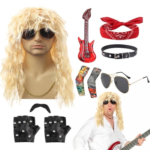 Hobngmuc Rocker-Kostüm-Set, 80er-Jahre-Rocker-Kostüme für Herren - 10-teiliges Halloween-Rocker-Kostüm,Punk-Party-Kostümzubehör, inklusive Perücke, Stirnband, Kragen, Sonnenbrille, Handschuhen, von Hobngmuc