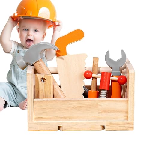 Hobngmuc Werkzeugset für Kinder, Spielzeugwerkzeugset,16-teiliges Holzkonstruktionsspielzeug mit Box | Tragbares Rollenspielspielzeug, pädagogisches Frühentwicklungs-Montessori-Set für Jungen, von Hobngmuc