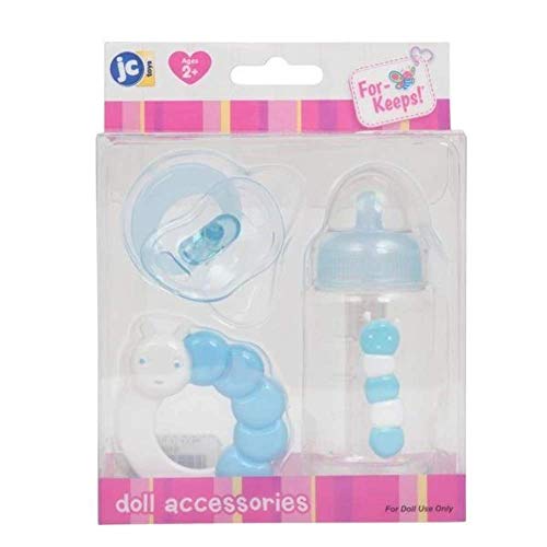 JC Toys - 3-teiliges Puppenzubehör Set (Flasche, Schnuller und Rassel), blau, passend für alle Handgelenke bis 50 cm, 2 Jahre von jc toys