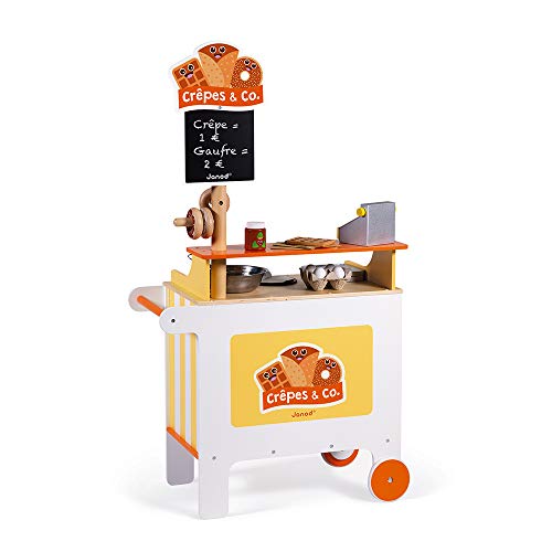 Janod - Crêpes & Co Mobiler Holz-Stand, Spielzeugnachbildung Küche und Einkaufen, mit 40 Zubehörteilen, ab 3 Jahren, J06587 von Janod