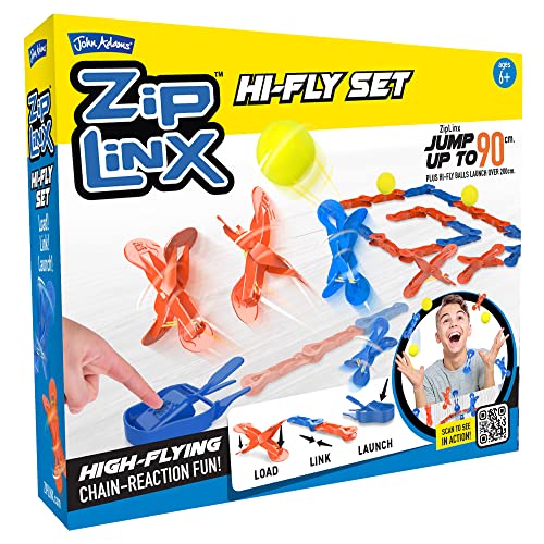 John Adams ZipLinx – Hi-Fly Set: Hochfliegender Kettenreaktionsspaß! | Jumping Domino Action | Domino und Fliesenspiele | ab 6 Jahren, gelb von John Adams