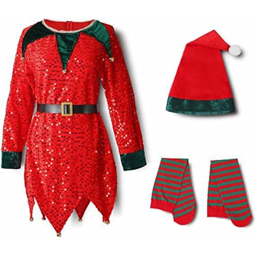 KKvoPiQ Mit 4 Kleinkind Baby Mädchen Weihnachtsmann Kostüm Samt Langarm Weihnachtskleid + Gestreifte Socken + Weihnachtsmütze PC-Sets Mädchen Outfit (Red, 6-12 Months) von KKvoPiQ
