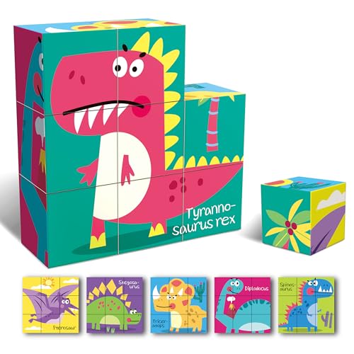 KidMigo Kinderpuzzle Bilderwürfel, 6 in 1 Baby Puzzle 3D Würfelpuzzle, Puzzlespiele mit 9 Würfel, Puzzle 2 3 4 Jahre, Spiele für Kinder ab 1 2 3 Jahr, 18.5 x 18.5cm, Dinosaurier von KidMigo
