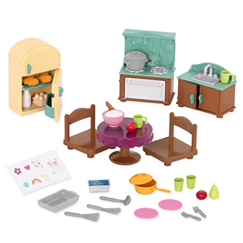 Li’l Woodzeez 30-teilig Landhausstil Küche Zubehör Set – Herd, Spüle, Esstisch und mehr – Tierfiguren Accessoire Spielzeug für Kinder ab 3 Jahren von Li'l Woodzeez