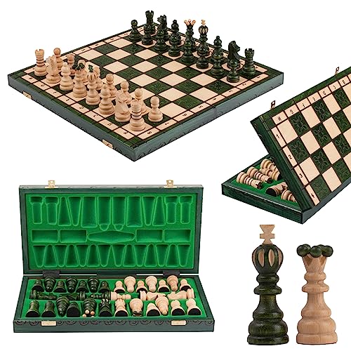 Handgefertigt Schachbrett Holz Klappbar | Master of Chess Schachspiel Holz Grüne | Chess Set 42cm | Klassisches Familienschach - Schachbrett mit Figuren von Master of Chess
