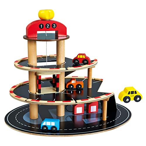 Bino Parkhaus aus Holz, Spielzeug für Kinder ab 3 Jahre (Autospielzeug mit 3 Etagen, Aufzug und 4 Autos, Motorikspielzeug mit Tankstelle, aus robustem & massivem Holz), Mehrfarbig von Bino world of toys