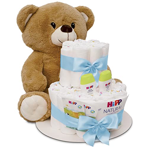 MilaBoo® Blau Windeltorte Junge mit kuscheligen großen Teddybär I hochwertiges Neugeborenen Geschenk mit Windeln und Produkten von Hipp I persönliches Babygeschenk zur Geburt von Milaboo
