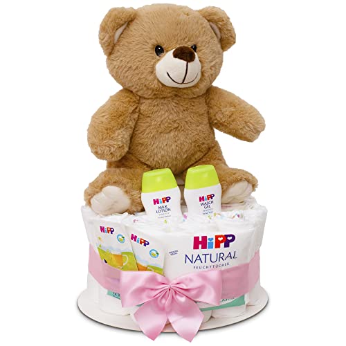 MilaBoo® Rosa Windeltorte Mädchen mit kuscheligen kleinen Teddybär I hochwertiges Neugeborenen Geschenk mit Windeln und Produkten von Hipp I persönliches Babygeschenk zur Geburt von Milaboo
