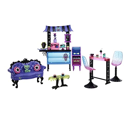 Monster High Café Schwarze Seele Spielset -gruselige Möbel, Gebäck und Getränke, Theke, Geschenkset für 5 Puppen, über 20 Einzelteile, HMV78 von Monster High