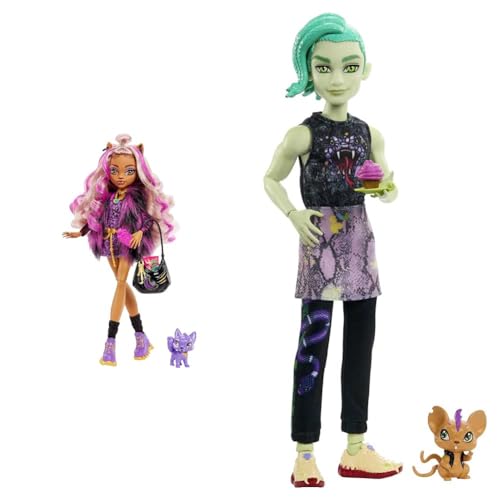 Monster High Mattel Clawdeen - Puppe mit Animal-Print-Pullover & HHK56 - bewegliche Deuce Gorgon Puppe, Haustier und Zubehör von Monster High