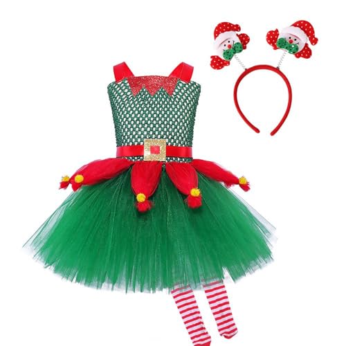Nokiwiqis Kinder Baby Mädchen Weihnachten Kostüm Schneemann Elch Rentier Tüll Kleid mit Stirnband Hut Strümpfe Santa Prinzessin Weihnachts Karneval Outfit (Grün Stil2, 8-9 Years) von Nokiwiqis