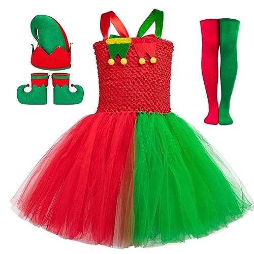 Nokiwiqis Kinder Baby Mädchen Weihnachten Kostüm Schneemann Elch Rentier Tüll Kleid mit Stirnband Hut Strümpfe Santa Prinzessin Weihnachts Karneval Outfit (Rot Grün, XL) von Nokiwiqis