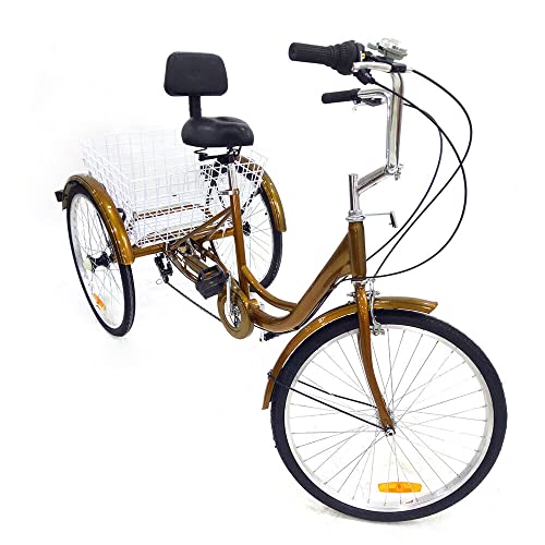 Dreirad für Erwachsene 24 Zoll 3 Räder Fahrrad mit Einkaufskorb für Shopping Outdoor Sports Rückenlehne Dreiräder 3 Wheel Adult Bicycle (Gold) von Owneed