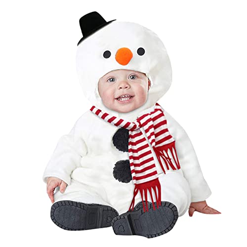 QINQNC Baby Jungen Mädchen Weihnachten Sets Strampler Schneemann Cosplay Kostüm Fleece Hoodie Jumpsuit mit Schal Kleinkind Weihnachten Kleidung (White, 6-12 Months) von QINQNC