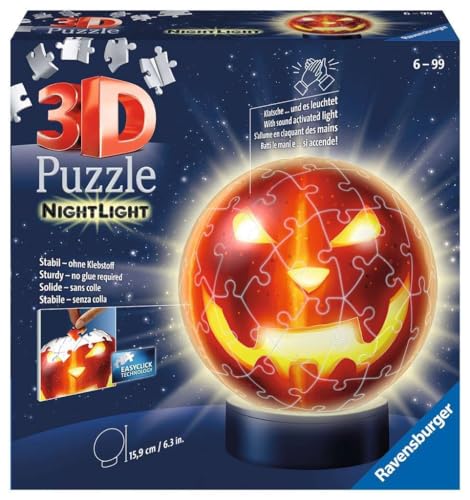Ravensburger 3D Puzzle Kürbiskopf Nachtlicht 11253 - Puzzle-Ball - 72 Teile - für Halloween Fans ab 6 Jahren von Ravensburger
