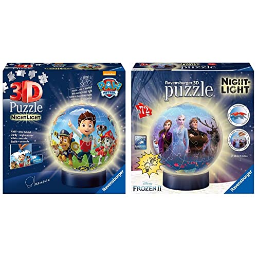 Ravensburger 3D Puzzle 11842 - Nachtlicht Puzzle-Ball Paw Patrol - 72 Teile - ab 6 Jahren & 3D Puzzle 11141 - Nachtlicht Puzzle-Ball Disney Frozen 2-72 Teile - ab 6 Jahren, LED Nachttischlampe von Ravensburger
