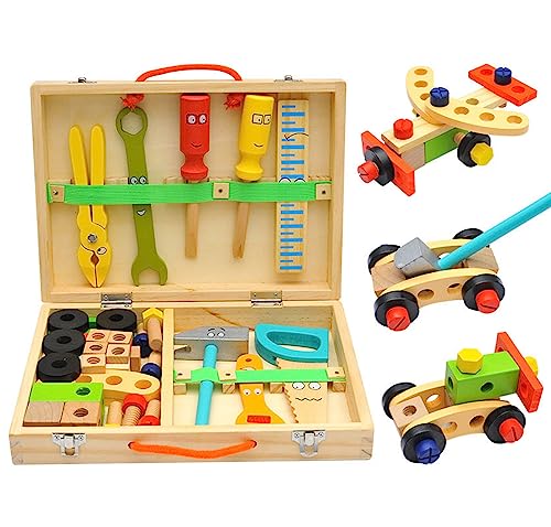Werkzeugset Werkzeugkoffer Kinder Spielzeug mit Aufbewahrungsbox aus Holz, Werkzeug Werkzeugkasten Spiele, Montessori Spielzeug mit Farbige Holzwerkzeuge Kinderspielzeug Rollenspiel Spielzeug von SANON