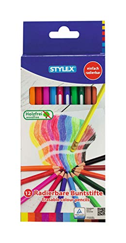 Stylex 25090 - Radierbare Buntstifte, 12 Stück Stifte in Sechskantform, mit integriertem Radierer und Namensfeld, holzfrei, lackiert von Stylex
