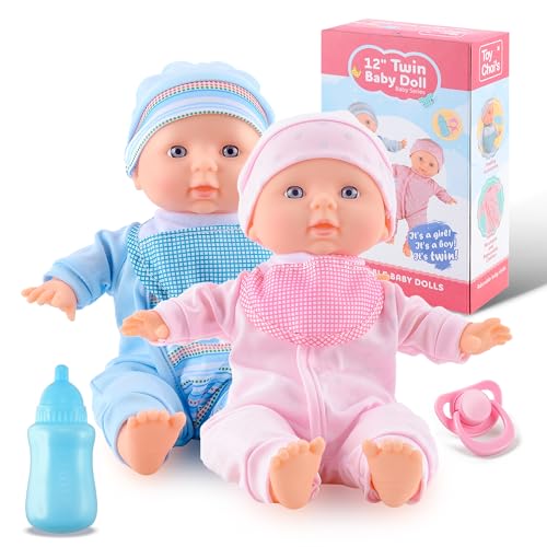 Toy Choi's Twin Puppe Set - 32cm Baby Puppen Für Kleinkinder ab 1 Jahr, mit Strampler und Hut, Schnuller und Puppenlätzchen, weiches Babypuppen Spielzeug Vorschulgeschenk von Toy Choi's