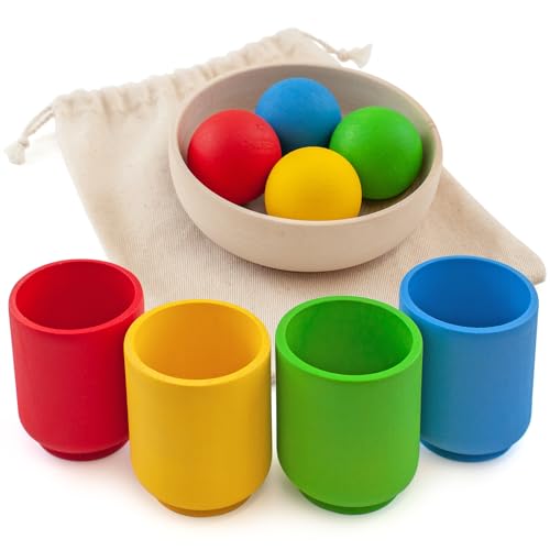 Ulanik Bälle in Tassen Starterkit Kleinkinder Montessori Spielzeug ab 1 Jahr + Baby Sensorik Bälle Holzspiele zum Zählen und Sortieren Farben Lernen — 4 Kugeln von Ulanik