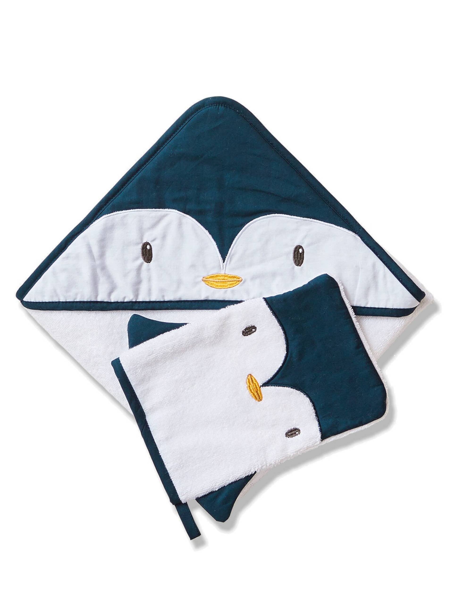 Vertbaudet Baby Set aus Kapuzenbadetuch & Waschhandschuh „Pinguin“ Oeko-Tex weiss G2 von Vertbaudet